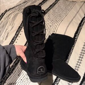 BearPaw Women's Black Lace-Up sheep skin Sherpa Suede Tall Boots size 9